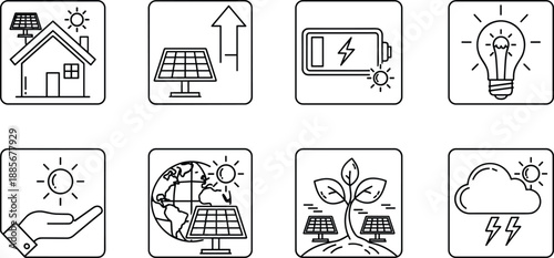 Collection of solar energy icons including solar panels, eco house, battery charging, green light bulb, global sustainability and renewable climate symbols in line style