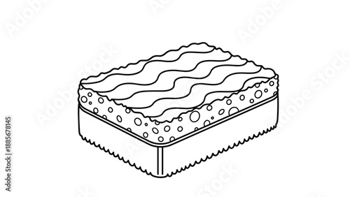 Simple kitchen sponge outline for cleaning and washing tasks with textured surfaces and wavy patterns on the top side area.