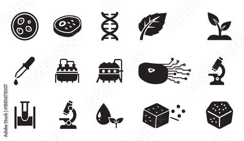 Black vector icons of biotechnology, laboratory, and genetic engineering concepts on white background.