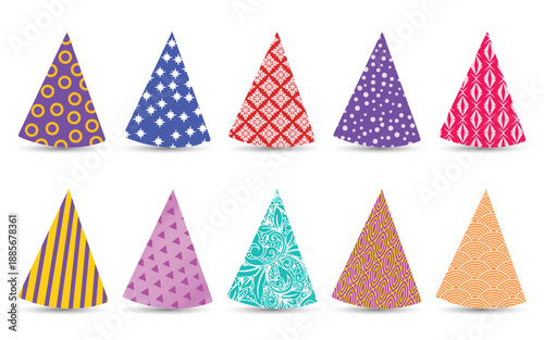 Hand drawn birthday party hats doodle for festive. Party horns set on white. Children, kids design elements with colorful stripes for celebration. Party cone, christmas cap with cute decoration