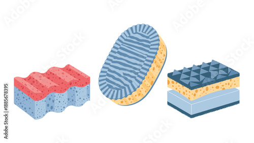 Set of three different cleaning sponges with various textures and colors for household tasks and surface scrubbing work.