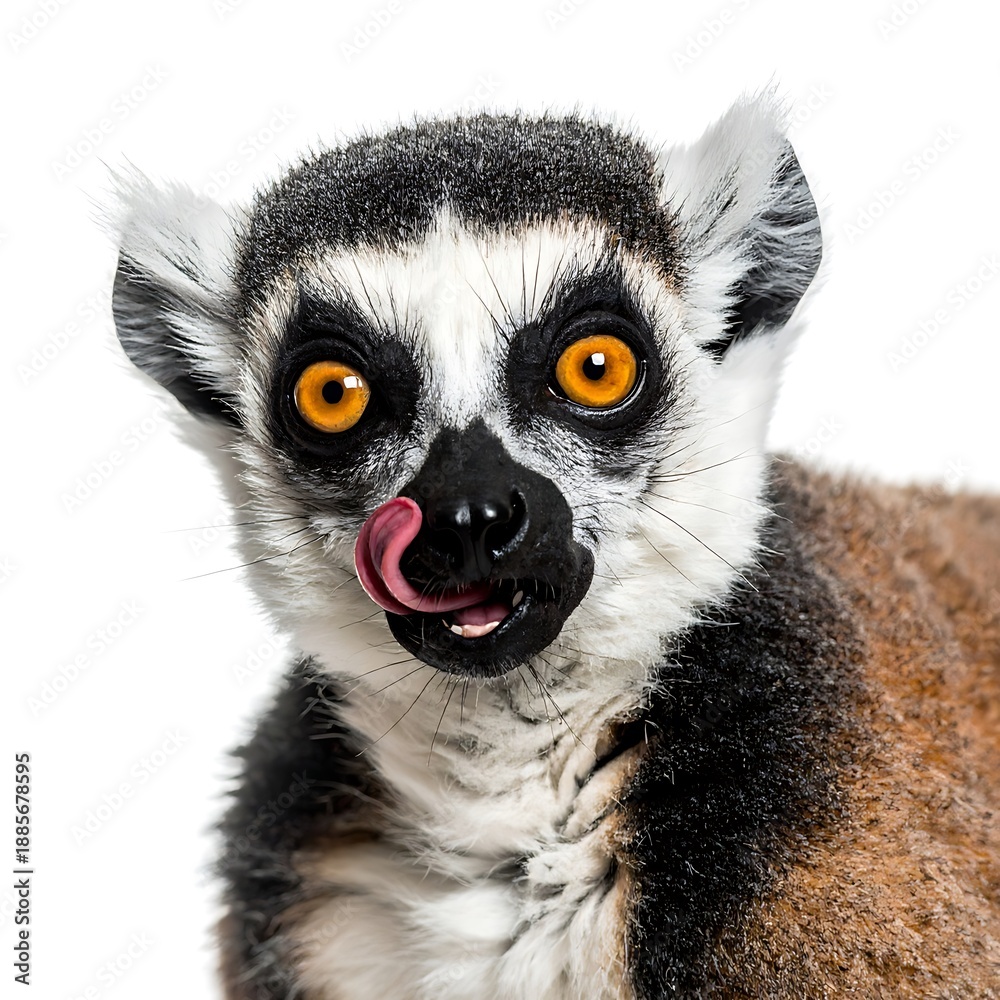 Obraz premium Close-up of a ring-tailed lemur's face, sticking out its tongue, against a stark white background. Eyes are bright orange