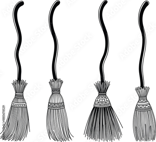 Collection of traditional broomstick silhouettes, rustic handmade brooms with decorative handles, witch broom icons for folklore, cleaning tools and fantasy artwork