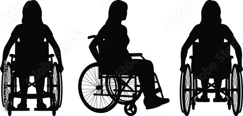 Silhouette of disabled women sitting in wheelchairs viewed from front and side, symbolizing mobility disability, independence, rehabilitation, social inclusion, and accessible health support