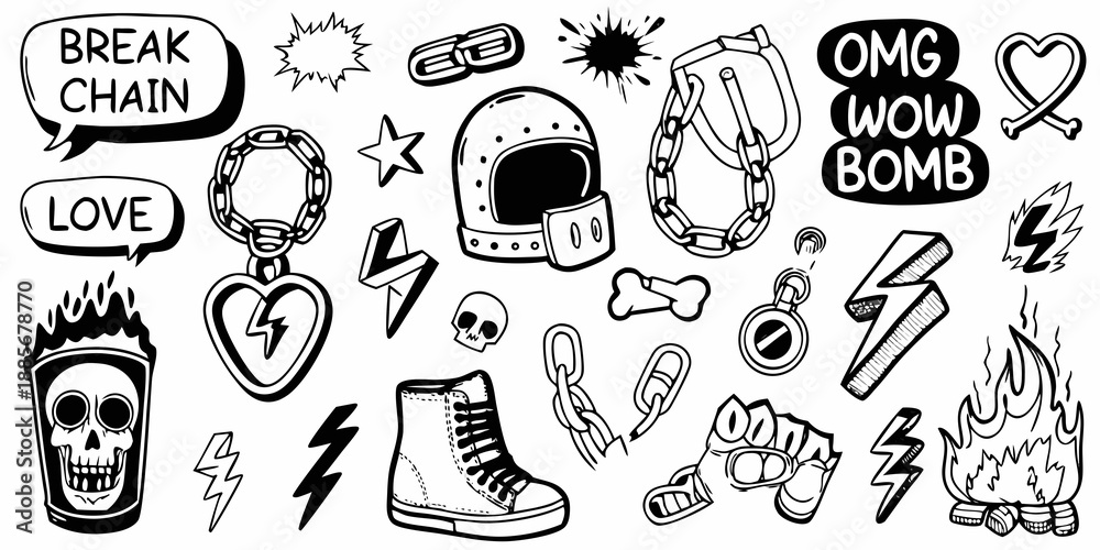 Obraz premium Black and white punk aesthetic doodles chains helmets and rebellious symbols