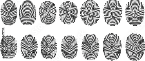 Collection of Various Human Fingerprint Patterns and Different Types of Fingerprint Identification Marks, Representing Biometric Security, Digital Identity, Authentication, and Personal Data Access.