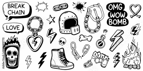 Black and white punk aesthetic doodles chains helmets and rebellious symbols