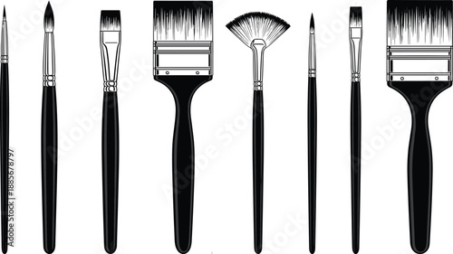 Collection of various paintbrush silhouettes in detailed art tool set, drawing and painting equipment graphic design, cad drawing flat vector illustration