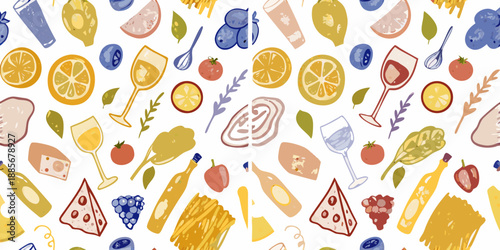 A colorful pattern of summer drinks fruits and cheeses in watercolor style