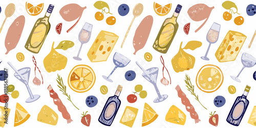 An illustrated pattern featuring citrus fruits wine cheese and cocktail elements