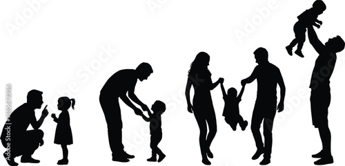 Silhouette sequence of parents interacting with young children, symbolizing family bonding, parenting support, childhood development, love, happiness, Joyful moments in everyday family life