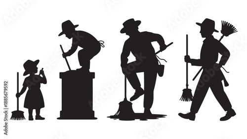 Janitors Cleaning Office Building Silhouettes Isolated on White
