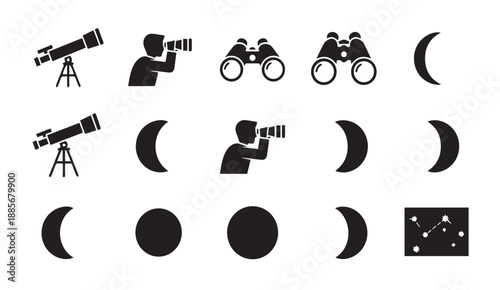 Black vector icons of people using binoculars and telescopes to observe the moon and stars at night.