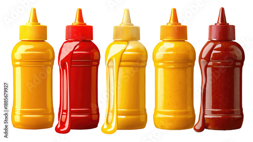 Vibrant condiment bottles, mustard ketchup, isolated on transparent background