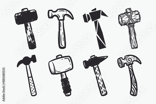 Set of eight vintage grunge carpentry and construction hammer illustrations.