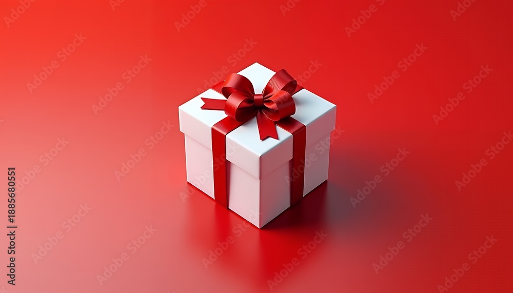 Fototapeta premium White Gift Box with Red Ribbon on Red Background present