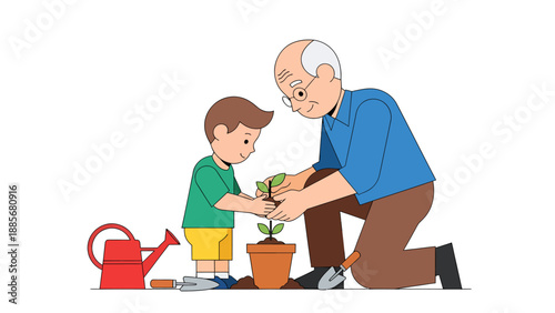 Generational bond Grandfather and grandson planting a seedling together, symbolizing growth and legacy