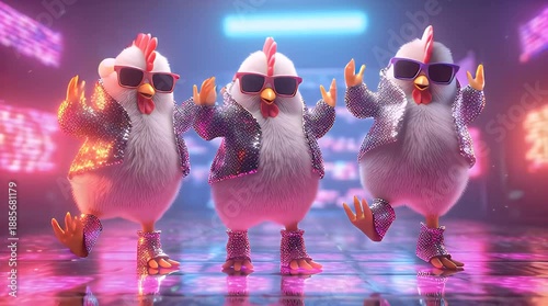 Three funky chickens dancing in neon-lit disco with sunglasses