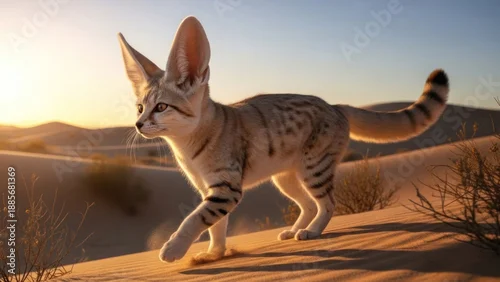 Fototapeta samoprzylepna A feline cat walking on a sand dune in a desert landscape at sunset.