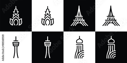 Vector Set of 4 International Tower and Temple Landmark Icons