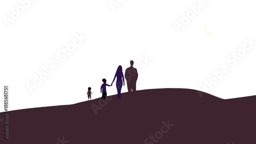 A cinematic wide shot of a young family standing on a sand dune in the Sahara desert at dusk, looking at a thin glowing crescent moon in a deep violet sky. No text.