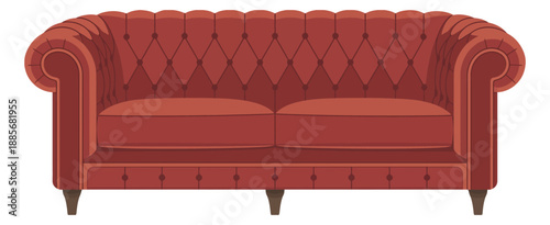 Red Tufted Chesterfield Sofa illustration, elegant two-seater loveseat icon, isolated vector element for interior design, living room decor, furniture visualization, and digital artwork.