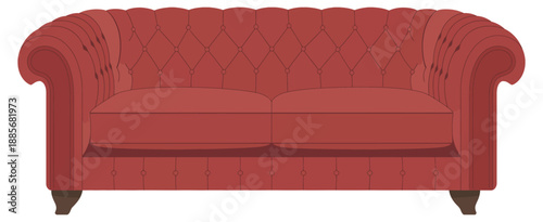 Red Tufted Chesterfield Sofa illustration, elegant two-seater loveseat icon, isolated vector element for interior design, living room decor, furniture visualization, and digital artwork.