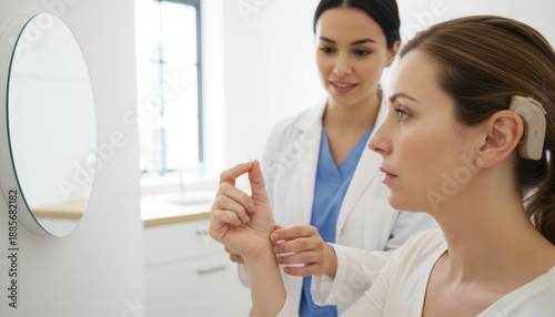 Hearing Aid Consultation: A health professional guides a patient through the proper use of a new hearing aid.