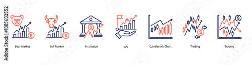 Market Trends web banner icon vector illustration featuring Bear Market, Bull Market, Institution, IPO, Candlestick Chart, Trading, and Trading.