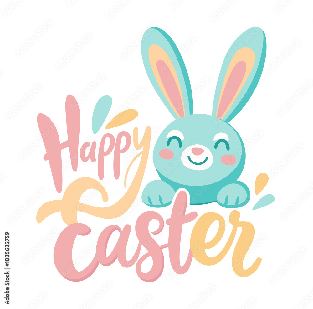 Obraz premium Smiling Blue Bunny Face with Pastel Happy Easter Typography Design