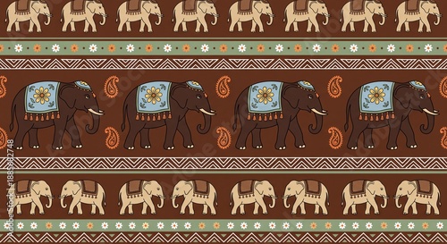 Seamless Indian Elephant Border Pattern - Traditional Ethnic Vector Illustration
