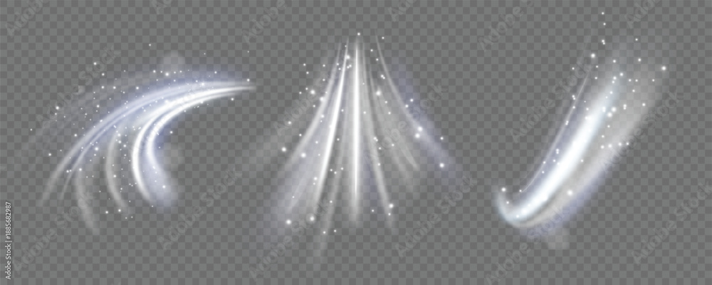 Fototapeta premium White translucent wind streams with light sparkles and soft motion blur. Visual effect of winter swirl, cold wind gust or airflow from air conditioner on transparent background.