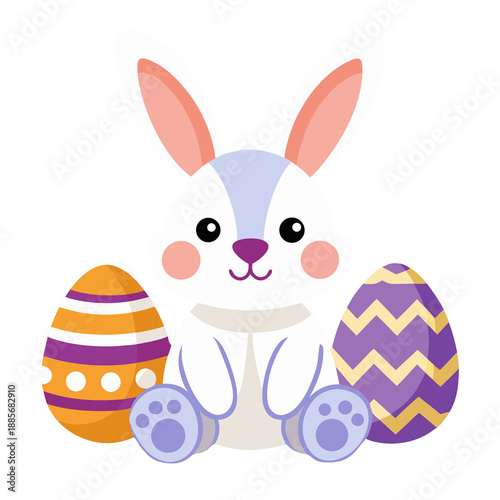  White Easter Rabbit Sitting Between Patterned Eggs Illustration