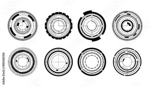 Set of eight circular futuristic HUD interface elements technology
