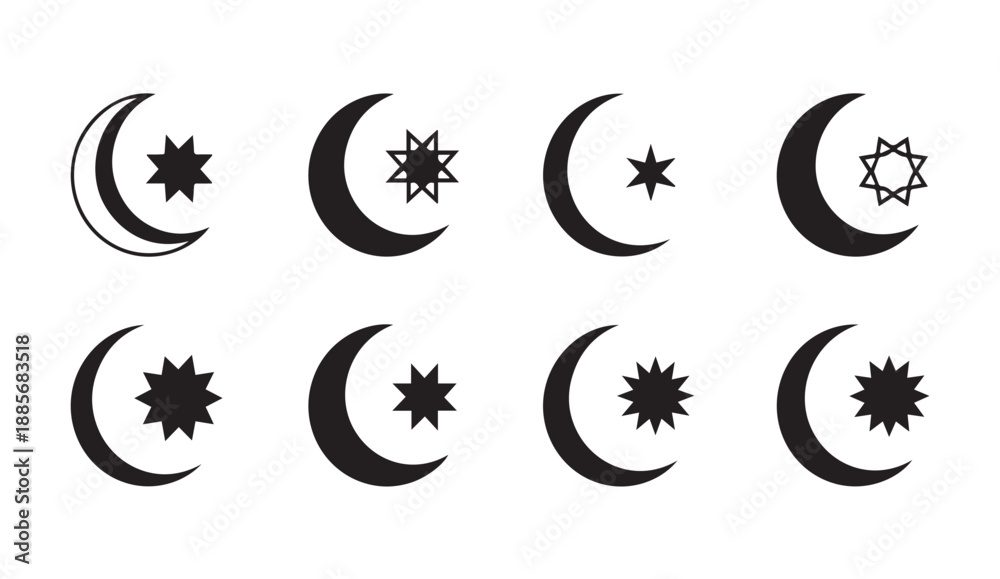 Fototapeta premium Vector set of crescent moon and star symbols in various designs and styles, isolated on white background.