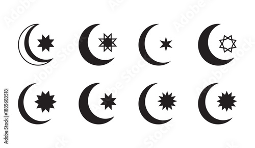 Vector set of crescent moon and star symbols in various designs and styles, isolated on white background.