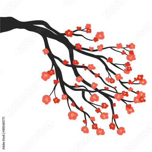 Red Flowering Branch Illustration for Spring Chinese New Year Decoration