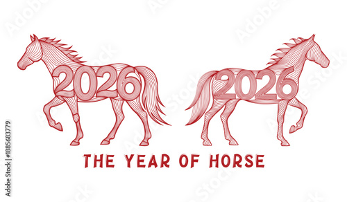 Two Red Line Art Horses with Year 2026 and The Year of Horse Text year of the horse chinese zodiac