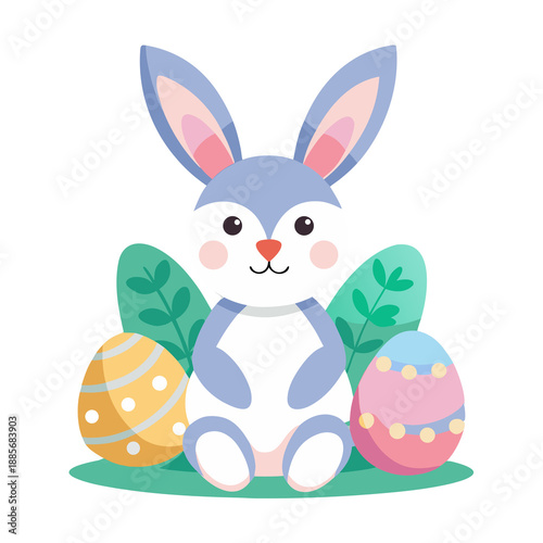 Cute Easter Bunny Sitting with Colorful Painted Eggs and Floral Elements