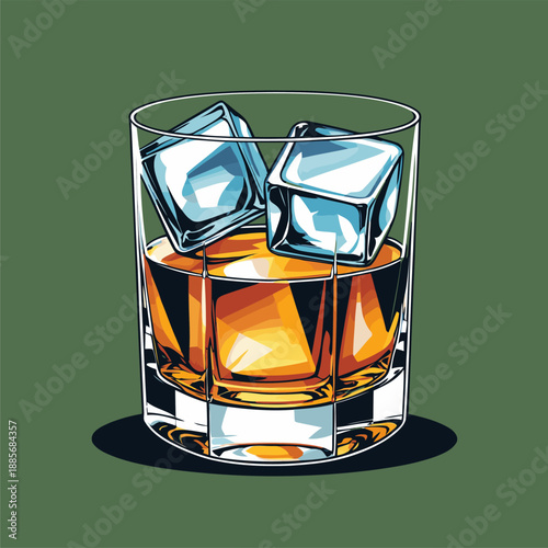 vector image of a whiskey glass and ice cubes