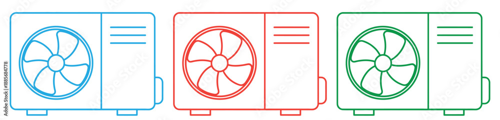 Fototapeta premium Colorful computer cooling fan icons in blue, red, green . Web Monitor icon set multiple style collection.