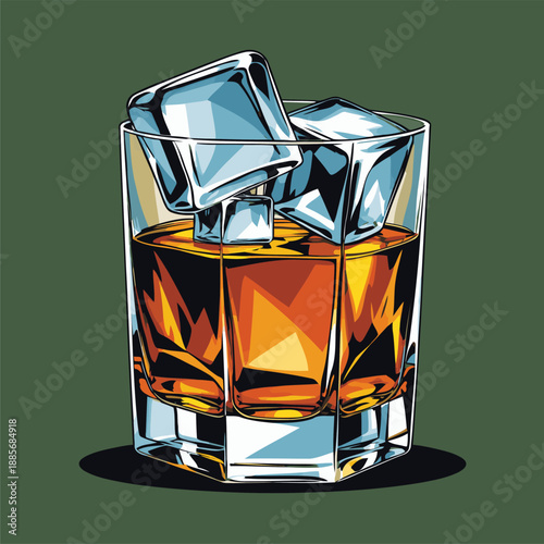 vector image of a whiskey glass and ice cubes