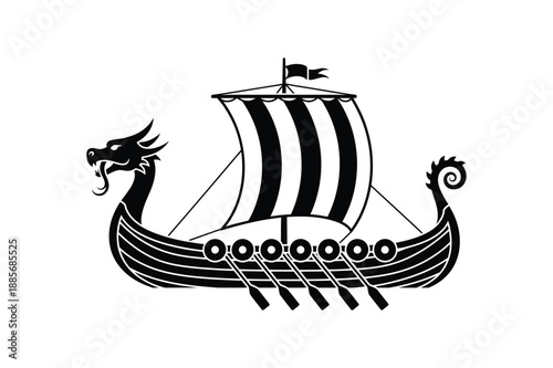 Dragon head with Viking ship silhouette mythical Nordic vector illustration