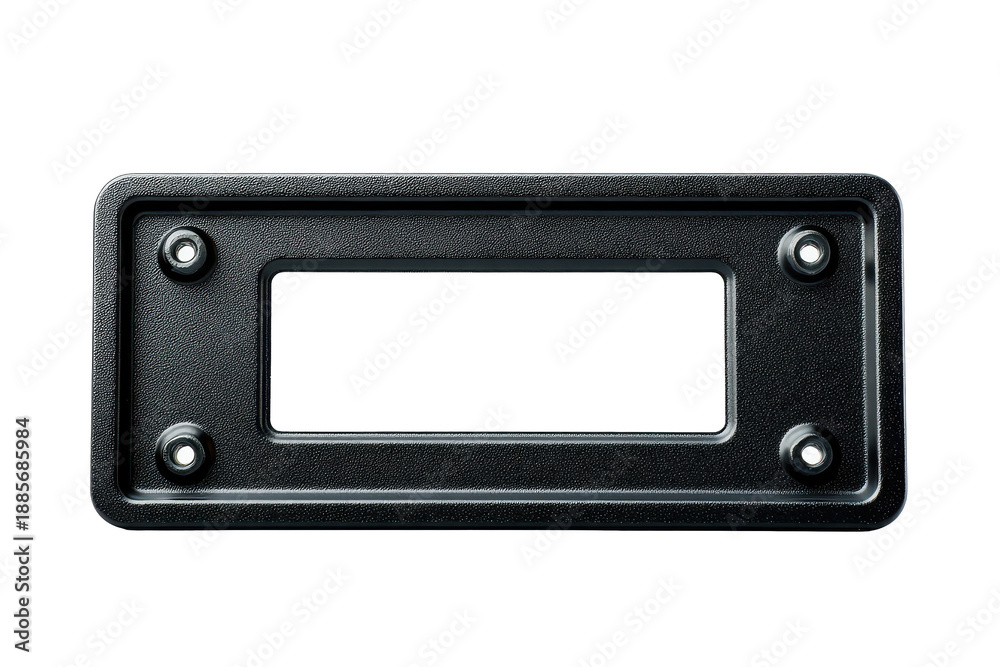 Obraz premium Black license plate holder frame with a clean rectangular opening, visible mounting holes, subtle plastic texture grain, and crisp automotive accessory edges isolated on transparent background.