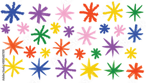 Grunge bold and thin forms. Various crayon drawn asterisks and star shapes. Colorful brush drawn asterisks vector. Funky geometric figure. Naive playful typography design elements. Rough doodle symbol