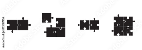Puzzle pieces icon set, black silhouette, interlocking shapes, problem solving concept, completed puzzle grid, vector design, teamwork symbol, strategy.