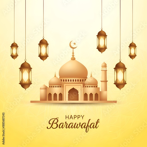 Wallpaper Mural Happy Barawafat greeting card with mosque and hanging lanterns on yellow background Torontodigital.ca