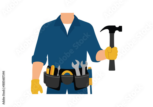 Handyman with tool belt and hammer, modern flat design illustration of repair worker