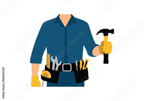 Handyman with tool belt and hammer, modern flat design illustration of repair worker