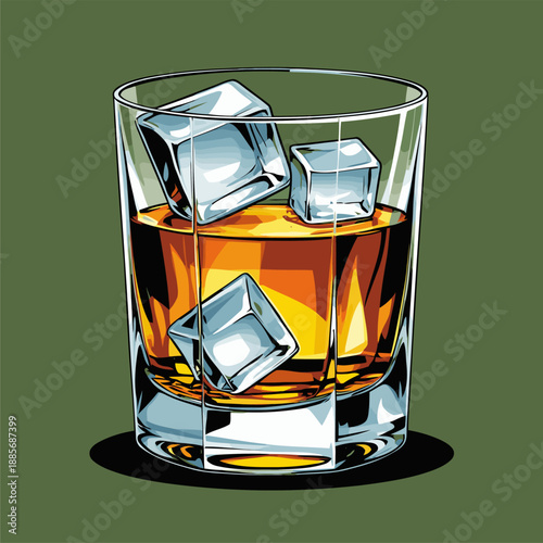 vector image of a whiskey glass and ice cubes